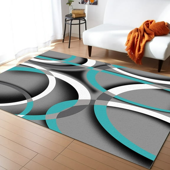 Area Rug 2'x3' Modern Teal Grey Geometric Circles Abstract Art Washable Area Rugs Non Shedding Floor Carpet Rubber Backing Non-Slip Indoor Mats for Living Room Bedroom Kitchen