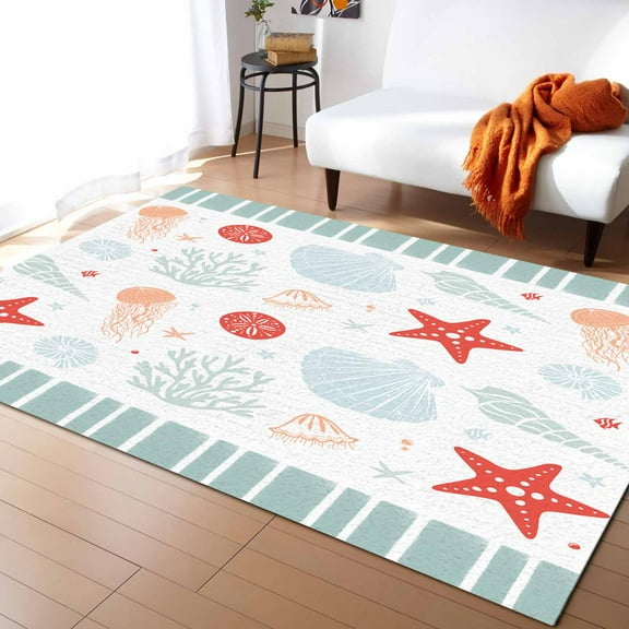 Area Rug 2'x3' Sage Green and Red Starfish Seashell Jellyfish Coral Washable Area Rugs Non Shedding Floor Carpet Rubber Backing Non-Slip Indoor Mats for Living Room Bedroom Kitchen