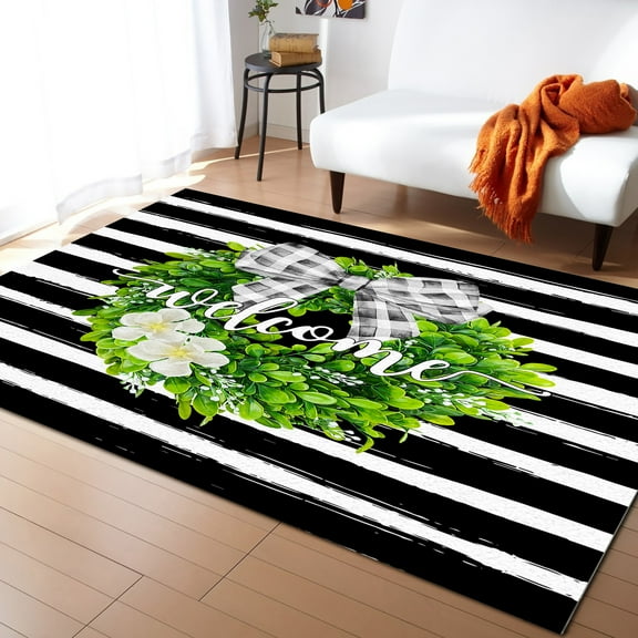 Area Rug 2'x3' Welcome Spring Farmhouse Boxwood Wreath Black White Stripes Washable Area Rugs Non Shedding Floor Carpet Rubber Backing Non-Slip Indoor Mats for Living Room Bedroom Kitchen
