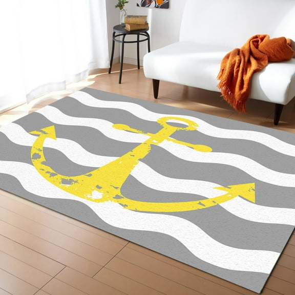 Area Rug 2'x3' Yellow Nautical Anchor Grey Wavy Stripes Washable Area Rugs Non Shedding Floor Carpet Rubber Backing Non-Slip Indoor Mats for Living Room Bedroom Kitchen
