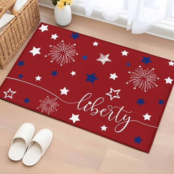 Area Rug 24×36in, 4th of July White Blue Star on Red Floor Carpet Living Room Rug, Patriotic Liberty Concept Non-Slip Welcome Mat Indoor Rugs for Bedroom Dining Room
