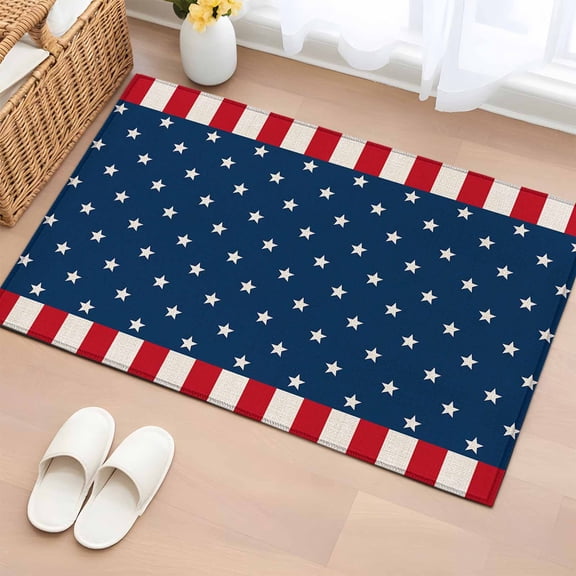 Area Rug 24×36in, American Independence Day Floor Carpet Living Room Rug, USA Stars on Blue Red White Border Non-Slip Welcome Mat Indoor Rugs for Bedroom Dining Room