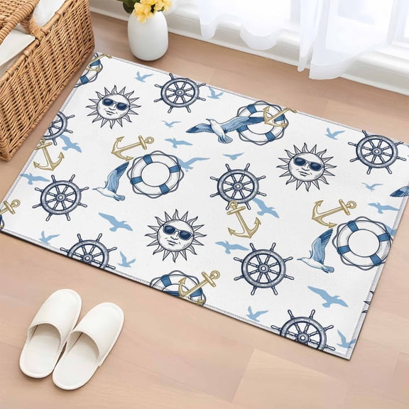 Area Rug 24×36in, Anchor Compass Seagull Sun Floor Carpet Living Room Rug, Summer Coastal Nautical Theme Non-Slip Welcome Mat Indoor Rugs for Bedroom Dining Room