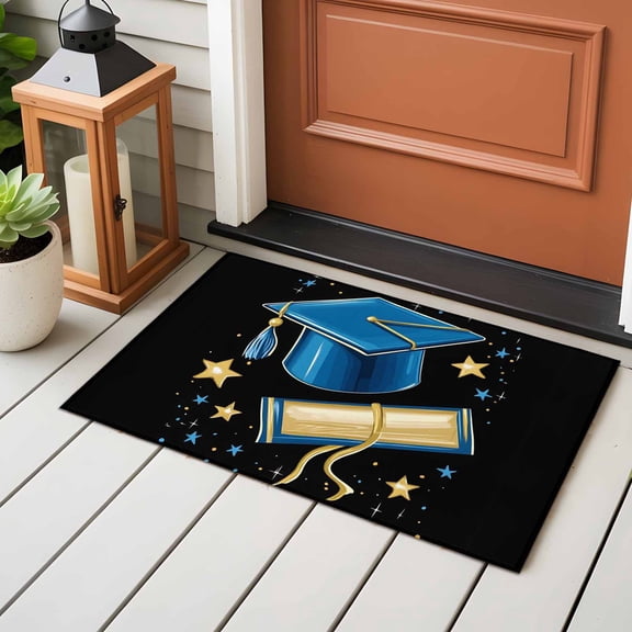 Area Rug 24×36in, Blue Graduation Cap Diploma Floor Carpet Living Room Rug, Gold Stars Non-Slip Welcome Mat Indoor Rugs for Bedroom Dining Room