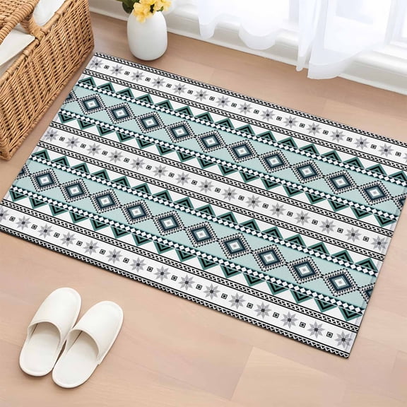 Area Rug 24×36in, Boho Diamond Pattern Floor Carpet Living Room Rug, Ethnic Style Blue Strips Non-Slip Welcome Mat Indoor Rugs for Bedroom Dining Room