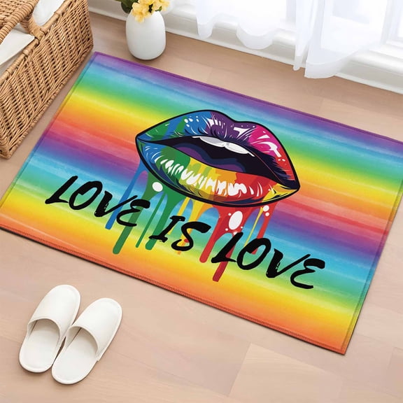 Area Rug 24×36in, Colorful Lip Rainbow Color Ombre Floor Carpet Living Room Rug, Black Love Quote on Gradient Non-Slip Welcome Mat Indoor Rugs for Bedroom Dining Room