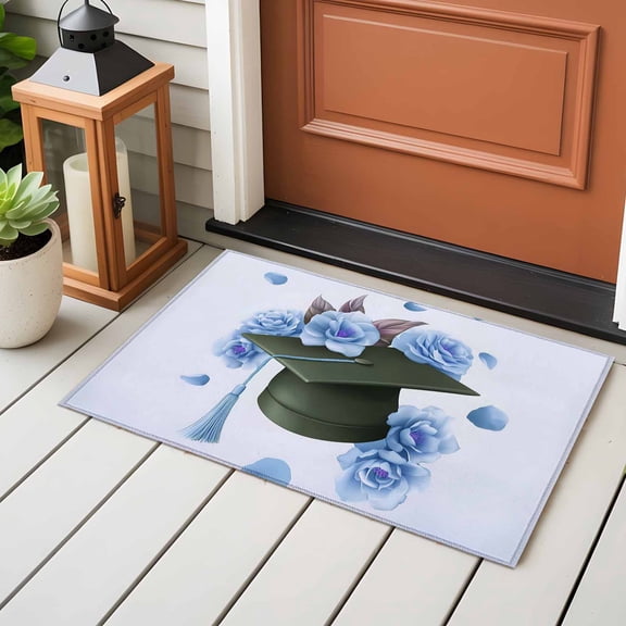 Area Rug 24×36in, Graduation Cap Flowers Roses Floor Carpet Living Room Rug, Blue Background Non-Slip Welcome Mat Indoor Rugs for Bedroom Dining Room