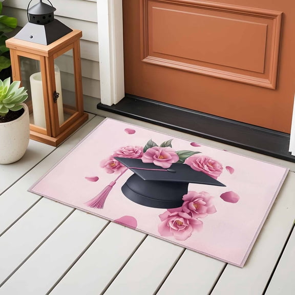 Area Rug 24×36in, Graduation Cap Flowers Roses Floor Carpet Living Room Rug, Pink Background Non-Slip Welcome Mat Indoor Rugs for Bedroom Dining Room