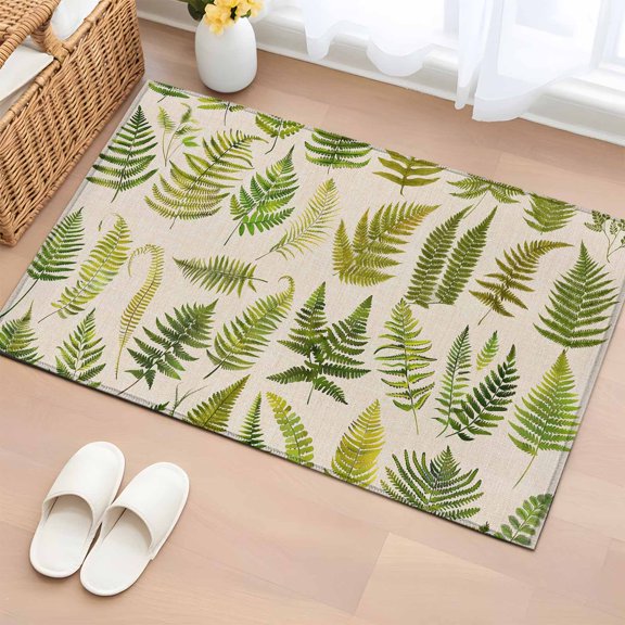 Area Rug 24×36in, Green Fern Plant Botanical Leaves Floor Carpet Living Room Rug, Watercolor Foliage on Linen Non-Slip Welcome Mat Indoor Rugs for Bedroom Dining Room
