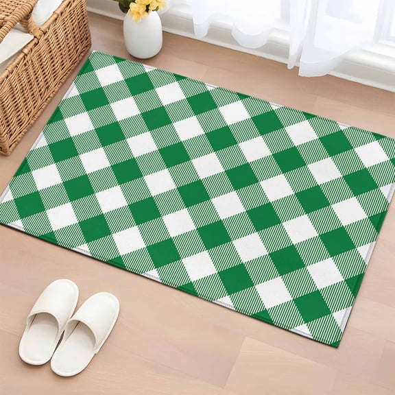 Area Rug 24×36in, Green and White Grid Floor Carpet Living Room Rug, Idyllic Country Theme Non-Slip Welcome Mat Indoor Rugs for Bedroom Dining Room