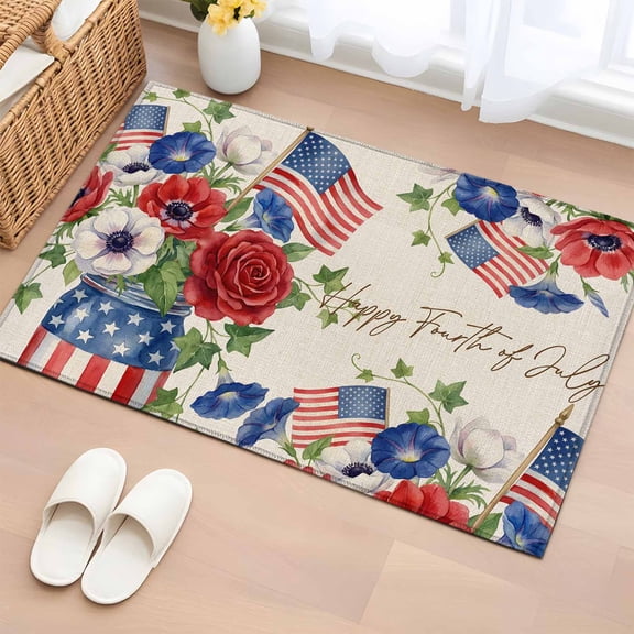 Area Rug 24×36in, Independence Day American Flag Floor Carpet Living Room Rug, Red White Blue Flowers Non-Slip Welcome Mat Indoor Rugs for Bedroom Dining Room