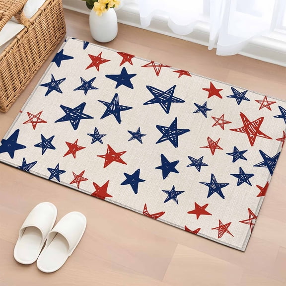 Area Rug 24×36in, Independence Day Red Blue Star Seamless Floor Carpet Living Room Rug, Patriotic Pentagram Vintage Linen Non-Slip Welcome Mat Indoor Rugs for Bedroom Dining Room