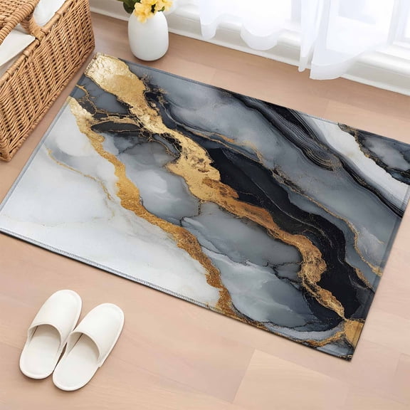 Area Rug 24×36in, Marble Texture Ombre Black Golden Floor Carpet Living Room Rug, Modern Minimalist Art Non-Slip Welcome Mat Indoor Rugs for Bedroom Dining Room