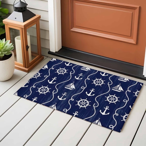Area Rug 24×36in, Nautical Anchor Sailboat Floor Carpet Living Room Rug, Deep Navy Blue Background Non-Slip Welcome Mat Indoor Rugs for Bedroom Dining Room