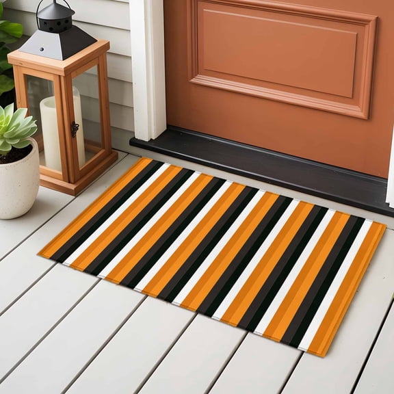 Area Rug 24×36in, Orange Stripes Happy Halloween Floor Carpet Living Room Rug, Fall Theme Black Lines Non-Slip Welcome Mat Indoor Rugs for Bedroom Dining Room