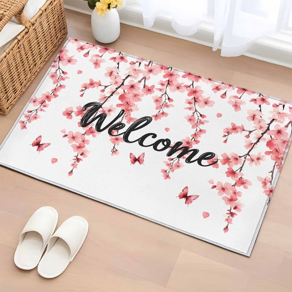 Area Rug 24×36in, Pink Flower Welcome Quote Floor Carpet Living Room Rug, Watercolor Floral on White Non-Slip Welcome Mat Indoor Rugs for Bedroom Dining Room