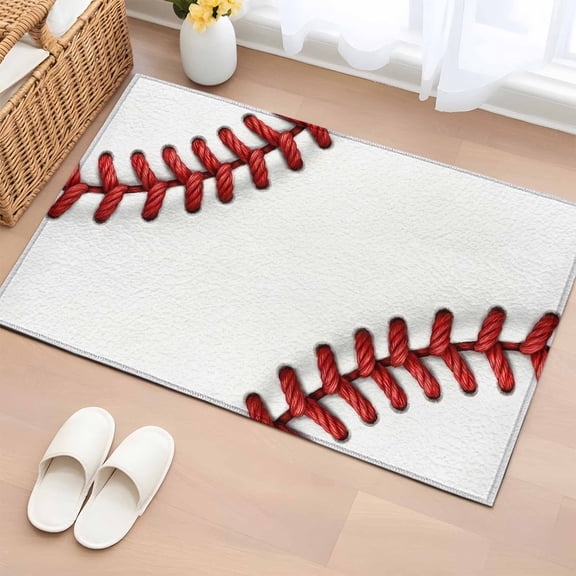 Area Rug 24×36in, Red White Baseball Stitching Texture Floor Carpet Living Room Rug, Sport Theme Non-Slip Welcome Mat Indoor Rugs for Bedroom Dining Room