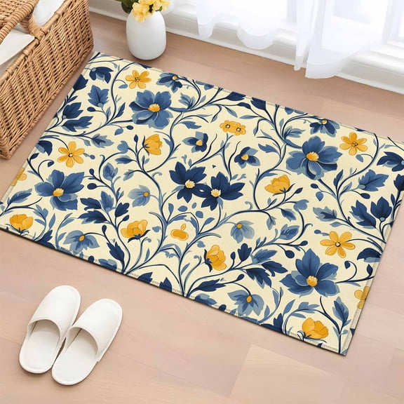 Area Rug 24×36in, Retro Country Farm Flowers Floor Carpet Living Room Rug, Blue Yellow Floral Leaves Non-Slip Welcome Mat Indoor Rugs for Bedroom Dining Room