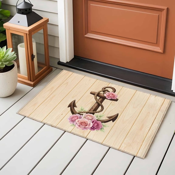 Area Rug 24×36in, Retro Nautical Anchor Pink Rose Floor Carpet Living Room Rug, Farm Wood Background Non-Slip Welcome Mat Indoor Rugs for Bedroom Dining Room