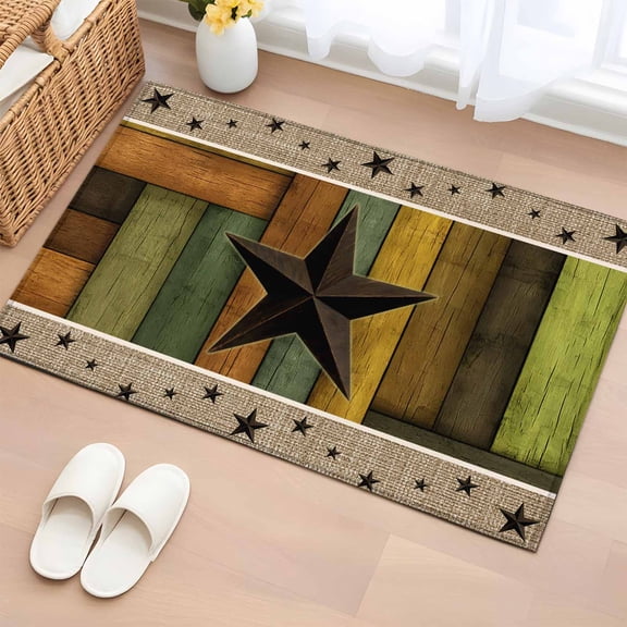 Area Rug 24×36in, Rustic Barn Star Floor Carpet Living Room Rug, Retro Farm Wood Planks Border Non-Slip Welcome Mat Indoor Rugs for Bedroom Dining Room