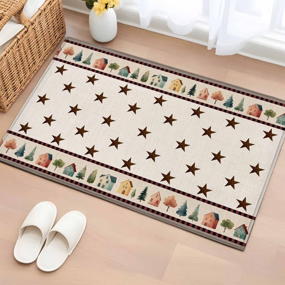 Area Rug 24×36in, Rustic Country Towns Illustration Floor Carpet Living Room Rug, Brown Stars Tree House Non-Slip Welcome Mat Indoor Rugs for Bedroom Dining Room