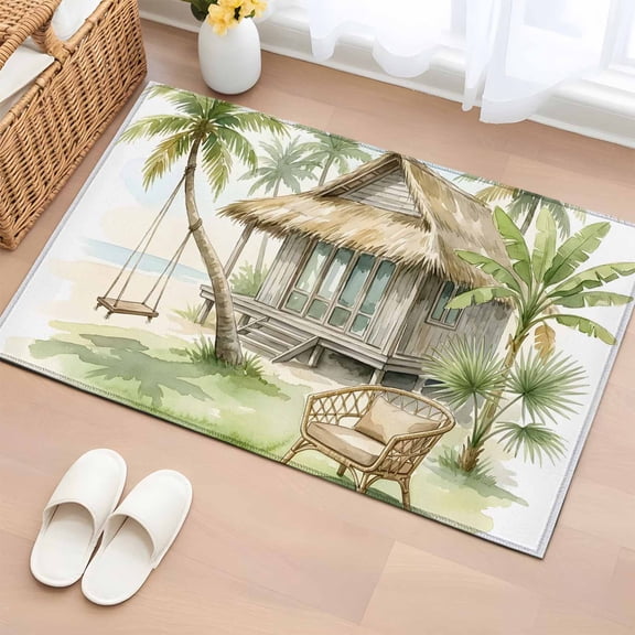 Area Rug 24×36in, Tropical Beach Hut Floor Carpet Living Room Rug, Coastal Rustic Palm Tree Non-Slip Welcome Mat Indoor Rugs for Bedroom Dining Room