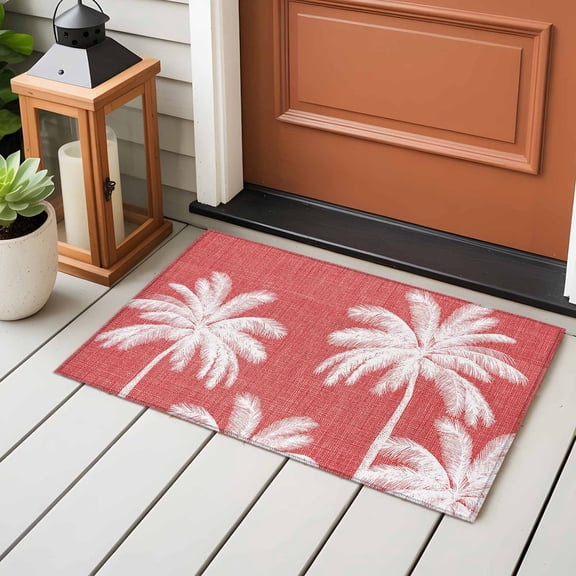 Area Rug 24×36in, Tropical Trees Coral Red Burlap Floor Carpet Living Room Rug, Summer Coconut Tree Silhouette Non-Slip Welcome Mat Indoor Rugs for Bedroom Dining Room
