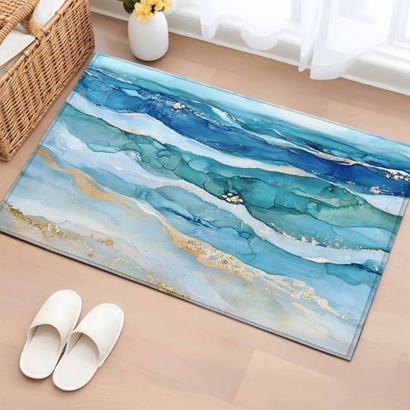 Area Rug 24×36in, Vintage Gradient Blue Teal Ocean Floor Carpet Living Room Rug, Abstract Seaside Wavy Non-Slip Welcome Mat Indoor Rugs for Bedroom Dining Room