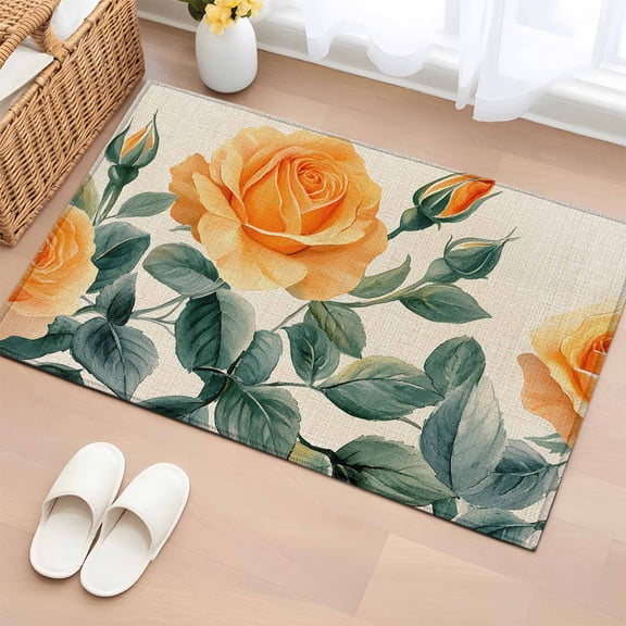 Area Rug 24×36in, Vintage Orange Rose Flower on Linen Floor Carpet Living Room Rug, Spring Pastoral Floral Non-Slip Welcome Mat Indoor Rugs for Bedroom Dining Room