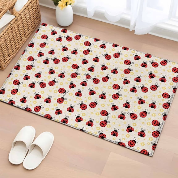 Area Rug 24×36in, Watercolor Ladybug on Burlap Floor Carpet Living Room Rug, Spring Daisy Flower Insects Non-Slip Welcome Mat Indoor Rugs for Bedroom Dining Room