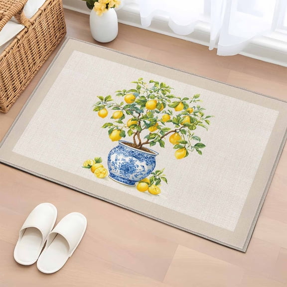 Area Rug 24×36in, Watercolor Potted Lemon on Burlap Floor Carpet Living Room Rug, Blue and White Porcelain Non-Slip Welcome Mat Indoor Rugs for Bedroom Dining Room