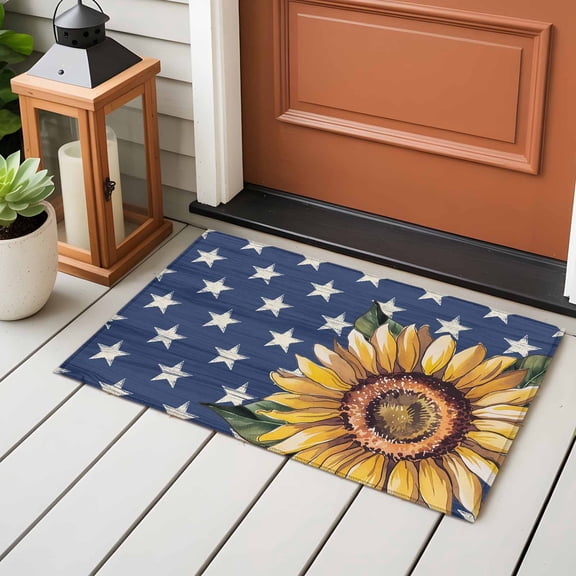 Area Rug 24×36in, Watercolor Sunflower Stars on Blue Floor Carpet Living Room Rug, Summer USA Rustic Theme Non-Slip Welcome Mat Indoor Rugs for Bedroom Dining Room