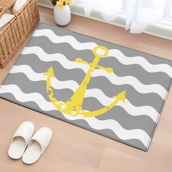 Area Rug 24×36in, Yellow Nautical Anchor on Grey White Chaven Stripes Floor Carpet Living Room Rug, Zig Zag Lines Non-Slip Welcome Mat Indoor Rugs for Bedroom Dining Room