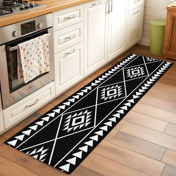 Area Rug 24×72in, Abstract Ethnic Geometric Art Floor Carpet Living Room Rug, Black White Tribal Triangle Non-Slip Welcome Mat Indoor Rugs for Bedroom Dining Room