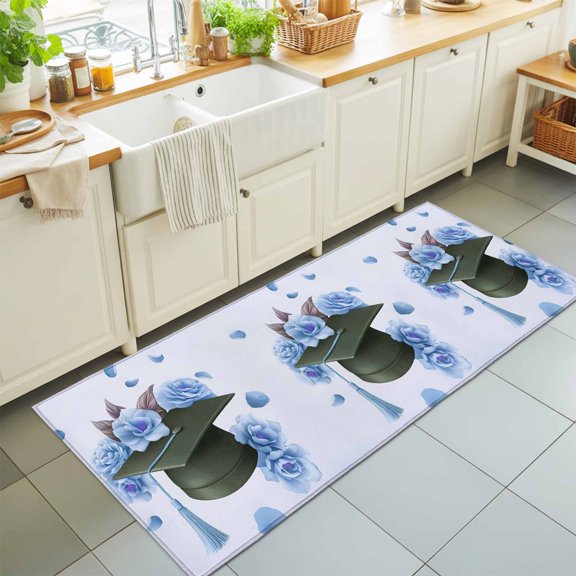 Area Rug 24×72in, Graduation Cap Flowers Roses Floor Carpet Living Room Rug, Blue Background Non-Slip Welcome Mat Indoor Rugs for Bedroom Dining Room