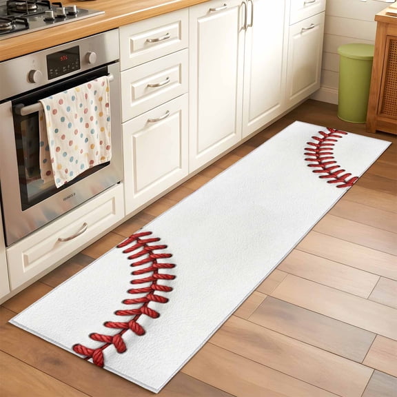 Area Rug 24×72in, Red White Baseball Stitching Texture Floor Carpet Living Room Rug, Sport Theme Non-Slip Welcome Mat Indoor Rugs for Bedroom Dining Room