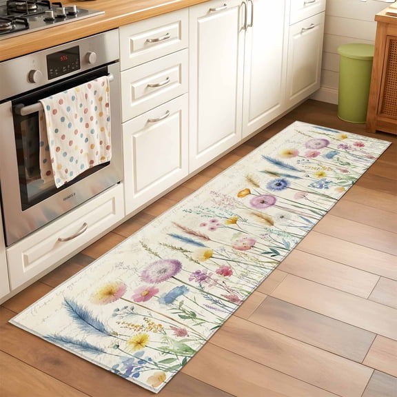 Area Rug 24×72in, Spring Watercolor Flowers Floor Carpet Living Room Rug, Retro Beige Postcard Texture Non-Slip Welcome Mat Indoor Rugs for Bedroom Dining Room