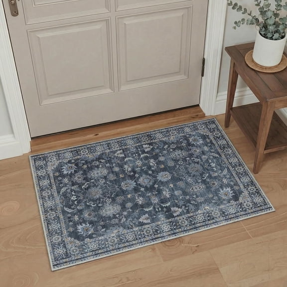 Area Rug 2x3 Doormat, Machine Washable Low Pile Rugs, Small Retro Chenille Entryway Mat for Entrance, Hallway, Kitchen and Corridor, Distressed Navy Blue