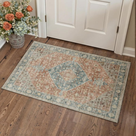 Area Rug 2x3 Doormat, Machine Washable Low Pile Rugs, Small Retro Chenille Entryway Mat for Entrance, Hallway, Kitchen and Corridor, Dusty Terracotta Blue