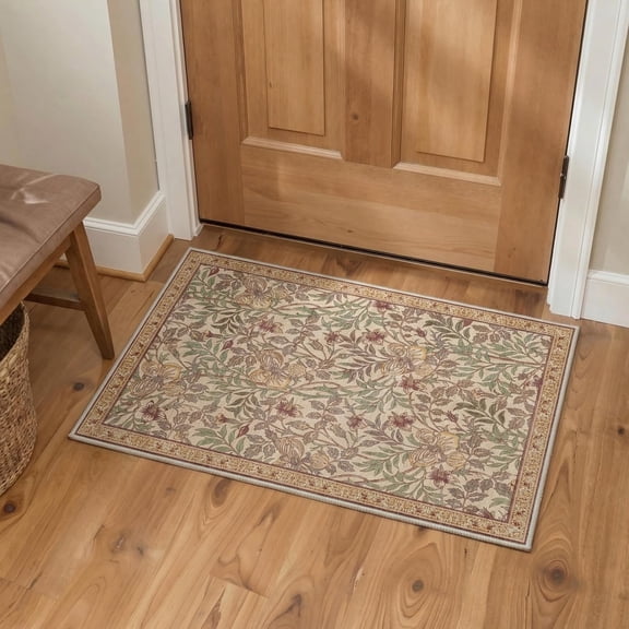 Area Rug 2x3 Doormat, Machine Washable Low Pile Rugs, Small Retro Chenille Entryway Mat for Entrance, Hallway, Kitchen and Corridor, Floral Terracotta