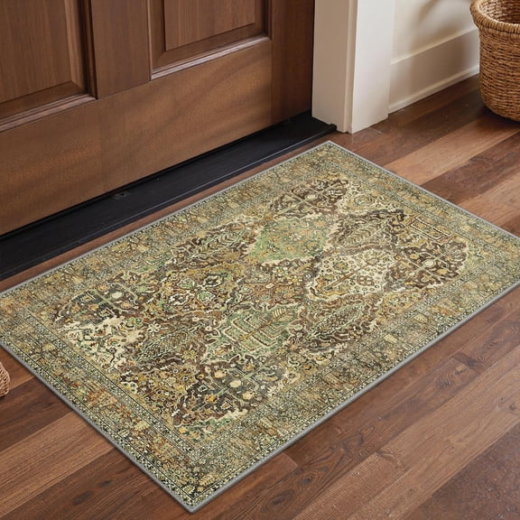 Area Rug 2x3 Doormat, Machine Washable Low Pile Rugs, Small Retro Chenille Entryway Mat for Entrance, Hallway, Kitchen and Corridor, Bronze Olive