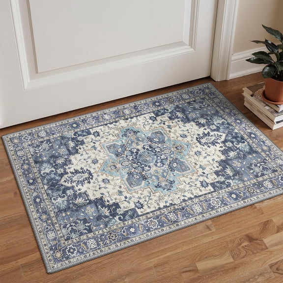 Area Rug 2x3 Doormat, Machine Washable Low Pile Rugs, Small Retro Chenille Entryway Mat for Entrance, Hallway, Kitchen and Corridor, Center Blue