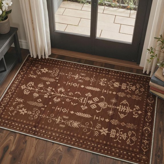 Area Rug 2x3 Doormat, Machine Washable Low Pile Rugs, Small Retro Chenille Entryway Mat for Entrance, Hallway, Kitchen and Corridor, Coffee Brown