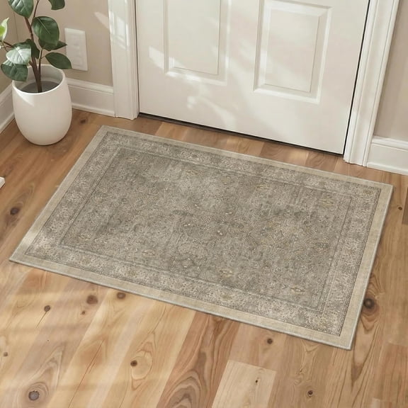 Area Rug 2x3 Doormat, Machine Washable Low Pile Rugs, Small Retro Chenille Entryway Mat for Entrance, Hallway, Kitchen and Corridor, Dusty Taupe