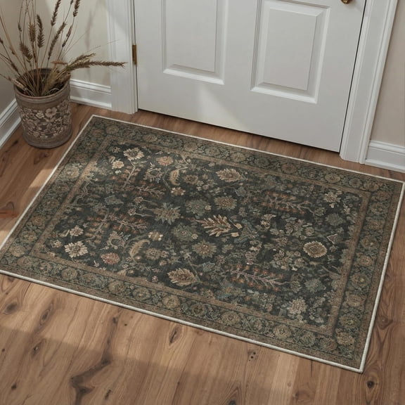 Area Rug 2x3 Doormat, Machine Washable Low Pile Rugs, Small Retro Chenille Entryway Mat for Entrance, Hallway, Kitchen and Corridor, Forest Green