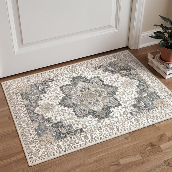 Area Rug 2x3 Doormat, Machine Washable Low Pile Rugs, Small Retro Chenille Entryway Mat for Entrance, Hallway, Kitchen and Corridor, Heathered Grey