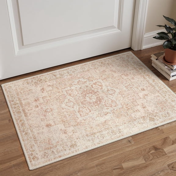 Area Rug 2x3 Doormat, Machine Washable Low Pile Rugs, Small Retro Chenille Entryway Mat for Entrance, Hallway, Kitchen and Corridor, Light Pink