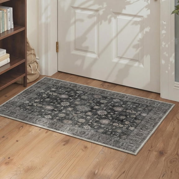 Area Rug 2x3 Doormat, Machine Washable Low Pile Rugs, Small Retro Chenille Entryway Mat for Entrance, Hallway, Kitchen and Corridor, Stone Charcoal