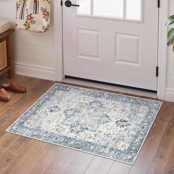 Area Rug 2x3 Doormat, Machine Washable Low Pile Vintage Rugs, Small Lightweight Rug Entryway Indoor Mat for Entrance, Hallway, Kitchen and Corridor, Blue