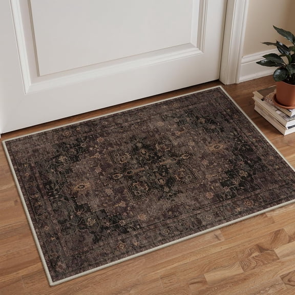 Area Rug 2x3 Doormat, Machine Washable Rugs Low Pile, Small Retro Chenille Entryway Mat for Entrance, Hallway, Kitchen and Corridor, Charcoal Brown